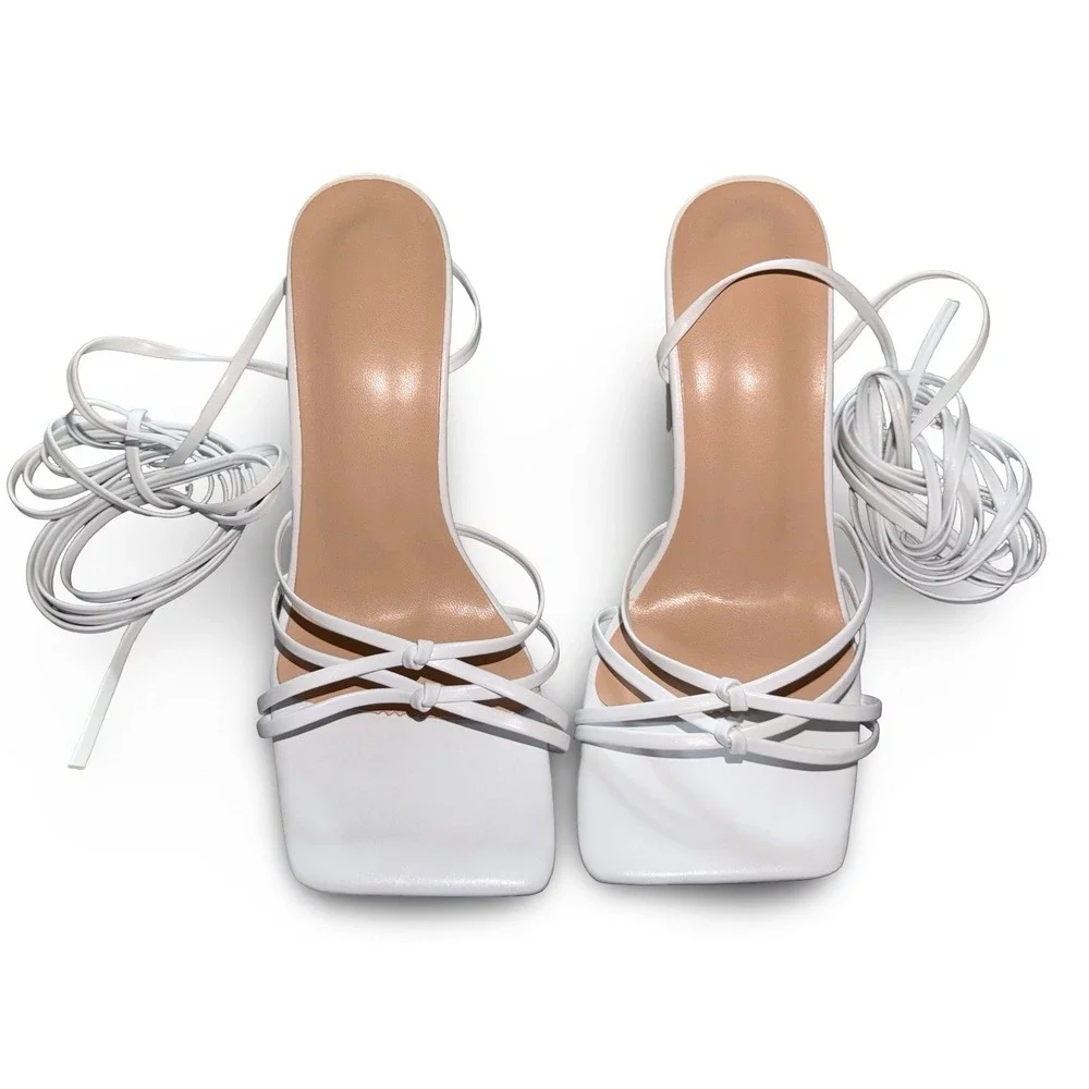 White Strappy Lace Up Block Heel Sandals Square Toe Knot Detail EUR 38 US 7.5 - Picture 9 of 12